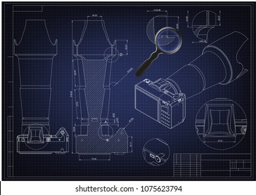 Drawing and 3d model of the camera on a blue background
