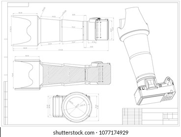 Drawing and 3d model of the camera on a white background