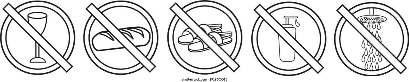 Drawing of 5 icon symbols. Of prohibitions: drinking, eating, wearing leather shoes, using cream and bathing in the shower. This observance is practiced by Jews fasting on Yom Kippur. Black and white 