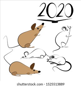 Drawing of 5 rats. Vector illustration. Welcoming the New Year Festival 2020