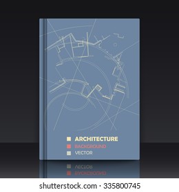 Drawing of abstract architectural detail on flat surface. Image of colorful blueprint. illustration with mockup of title sheet or book cover for fields of technology, science and manuals.