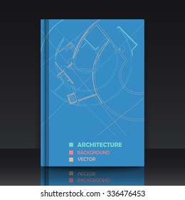 Drawing of abstract architectural detail on flat surface. Image of colorful blueprint. illustration with mockup of title sheet or book cover for fields of technology, science and manuals.