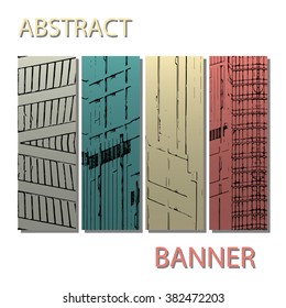 Drawing of abstract architectural detail on flat surface. Image of colorful texture for use as background for web and print. Template for cover or banner with draft of a building.