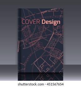 Drawing of abstract architectural detail on flat surface. Image of colorful blueprint for use as background for web and print. Template for cover or banner with draft plan of a building.