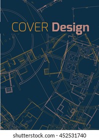 Drawing of abstract architectural detail on flat surface. Image of colorful blueprint for use as background for web and print. Template for cover or banner with draft plan of a building.