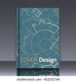 Drawing of abstract architectural detail on flat surface. Image of colorful blueprint for use as background for web and print. Template for cover or banner with draft plan of a building.