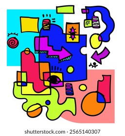 Drawing abstract print design collection, lines, circles and doodle elements.