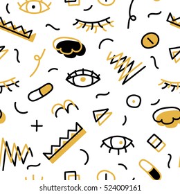 Drawing abstract seamless pattern. Retro memphis style, fashion 80-90s. Pop art.