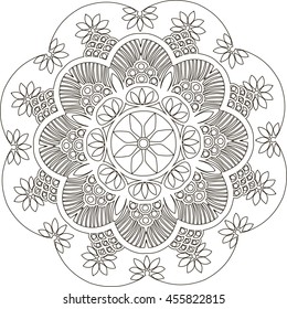 Drawing of a abstract vector with floral round lace mandala, decorative element in ethnic tribal style, black line art on a white background