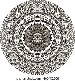 Drawing of a abstract vector with floral round lace mandala, decorative element in ethnic tribal style, black line art on a white background