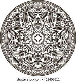 Drawing of a abstract vector with floral round lace mandala, decorative element in ethnic tribal style, black line art on a white background