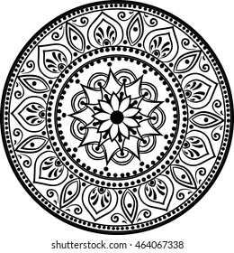 Drawing of an abstract vector with floral round lace mandala, decorative element in ethnic tribal style, black line art on a white background