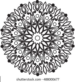 Drawing of a abstract vector with floral round lace mandala, decorative element in ethnic tribal style, black line art on a white background