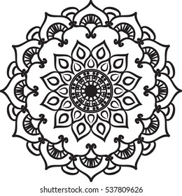 Drawing of a abstract vector with floral round lace mandala, decorative element in ethnic tribal style, black line art on a white background