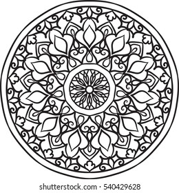 Drawing of a abstract vector with floral round lace mandala, decorative element in ethnic tribal style, black line art on a white background