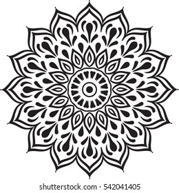 Drawing of a abstract vector with floral round lace mandala, decorative element in ethnic tribal style, black line art on a white background