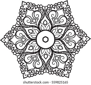 Drawing of a abstract vector with floral round lace mandala, decorative element in ethnic tribal style, black line art on a white background