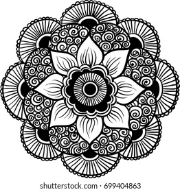 Drawing of a abstract vector with floral round lace mandala, decorative element in ethnic tribal style, black line art on a white background