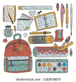 Drawing accessories color vector set. Doodle color drawing supplies for school and office with school bag, pen, pencil, ink, paintbrush, and others.