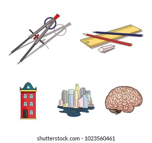Drawing accessories, metropolis, house model. Architecture set collection icons in cartoon style vector symbol stock illustration web.