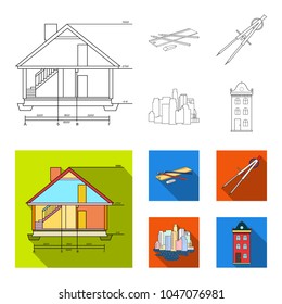 Drawing accessories, metropolis, house model. Architecture set collection icons in outline,flat style vector symbol stock illustration web.