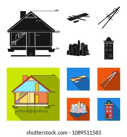 Drawing accessories, metropolis, house model. Architecture set collection icons in black, flat style vector symbol stock illustration web.
