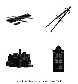 Drawing accessories, metropolis, house model. Architecture set collection icons in black style vector symbol stock illustration web.