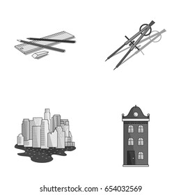 Drawing accessories, metropolis, house model. Architecture set collection icons in monochrome style vector symbol stock illustration web.