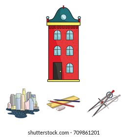 Drawing accessories, metropolis, house model. Architecture set collection icons in cartoon style vector symbol stock illustration web.