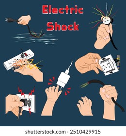 Desenho de um acidente envolvendo o uso de fios elétricos O plugue de energia é descuidado. causando um choque elétrico sem percebê-lo