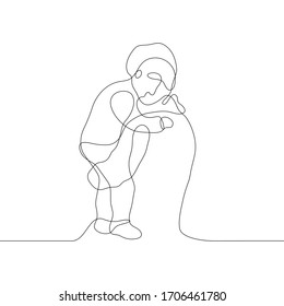 Drawing Of An Adult Man From The Back Of A Child Who Has Fallen Asleep. One Continuous Line Black And White Art. Vector Illustration For Father's Day Can Be Used For Animation. 