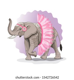 Drawing of an African elephant in a tutu. Humorous print. Vector illustration. Suitable for printing on a t-shirt, box, bag.