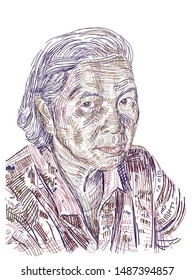 Drawing of aged Asian woman on white background. vector illustration.