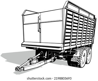 Drawing of the Agricultural Trailer - Black Illustration Isolated on White Background, Vector