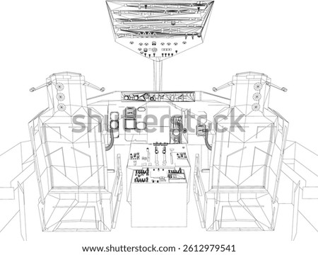 A drawing of an airplane cockpit with a large screen in the middle. The cockpit is empty and the screen is black