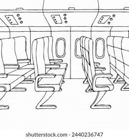 A drawing of an airplane with empty seats, ready for passengers to board and embark on their journey.