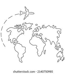 Drawing Of An Airplane And A Map Of The World. No Distance Is Scary When There Is Love. World Map And Plane. Vector Drawing. Minimalism. 