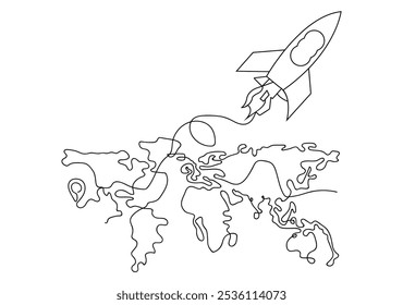 Drawing of an airplane and a map of the world. No distance is scary when there is love. World map and plane. Vector drawing