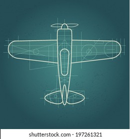 Drawing of airplane on blue background / draft / drawing/ plan / plot