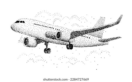 Un dibujo de un avión sobre un fondo blanco. Pointillismo