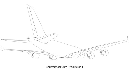 Drawing of airplane. Rear view. Vector illustration rendering of 3d