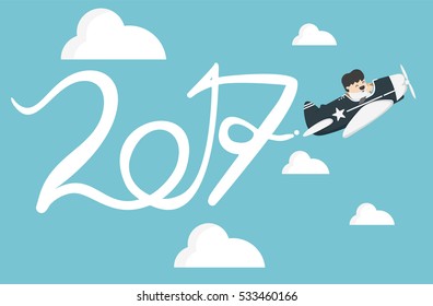 Drawing Airplane in the sky, new Year concept Flat vector clip art.