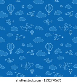 Drawing of airplanes, aerostat balloon and helicopters flying in the sky. Pattern Seamless, outline design in dark blue background. Kids stuff. Children's style drawing.
