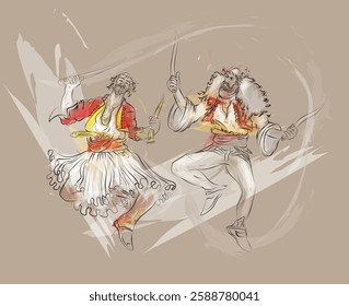 Drawing Albanian folk Gheg and Tosk sword dancing