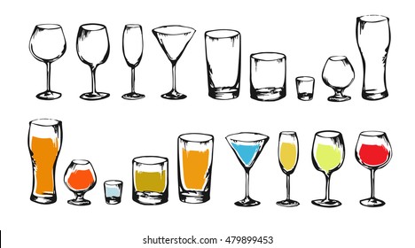 Drawing Alcohol Drinks Collection For Design. Set Of Alcohol Glasses. Colorful Sketch Of Alcohol. Illustration For Bar, Restaurant, Cafe, Night Club.