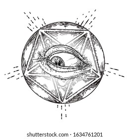 Drawing of the all seeing eye in different direction and emotion with insects and bugs. The symbol of the Masons as an option design element. Human vision. Vector.