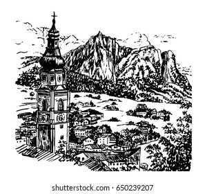 drawing Alpine village in Tyrol with a beautiful bell tower, Austria, sketch hand drawn vector illustration