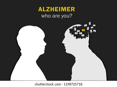 drawing for the Alzheimer, the silhouette of a woman and a man who loses his head like his a puzzle outside