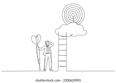 Drawing of ambitious businessman hold dart aim high at target on the cloud. Metaphor for dream big aim high, ambition and challenge. Single continuous line art
