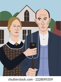 Drawing American Gothic in vector. painting reproduction. man and woman together. drawn in vector. Print for clothes. Creative print on a T-shirt.